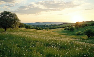 Obraz premium Sunset over rolling hills and meadows