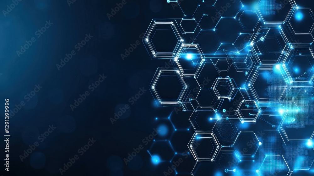 Poster abstract technology background with glowing hexagons and blue light effects for innovation and digit