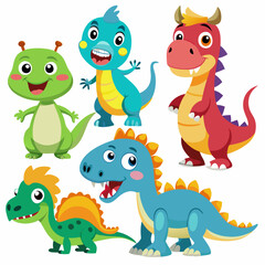 Obraz premium Cartoon Illustration of Dinosaurs Prehistoric Set. Collection of dinosaurs and pterosaurs of various types isolated on white background.