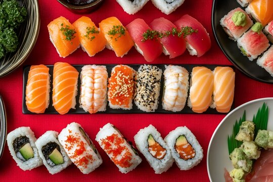 Variety of delicious nigiri and maki sushi displayed on red tablecloth