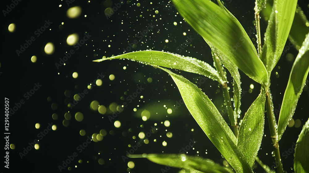 Aufkleber serene bamboo leaves with floating particles in a tranquil green atmosphere for wellness and relaxat