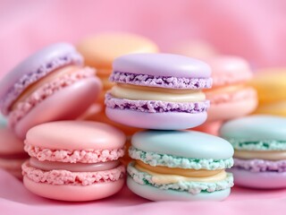 Fototapeta premium Colorful Macarons Stacked Sweet Confections Pastel Hues Delectable Treats Delightful Presentation