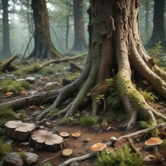 forest floor with decaying tree trunk and growing fungi, leaf litter, forest environment, forest floor