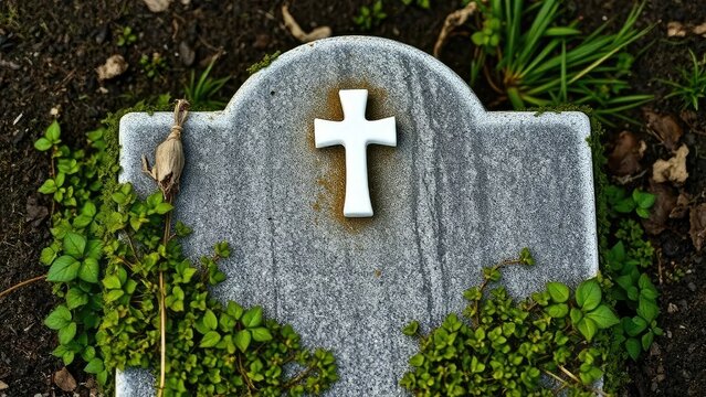 A small white cross on a worn-down grave marker with ivy, gravestone, memorial, rustic