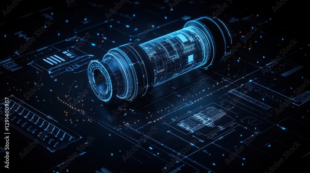 Poster futuristic technology concept of a digital cylinder with circuitry and data visualization in a dark 