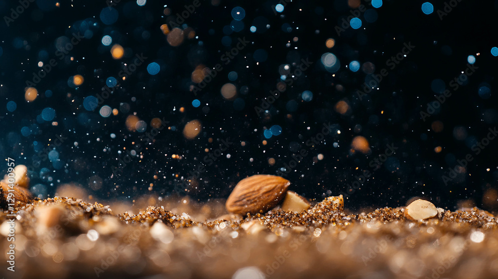 Poster Close-up of crushed nuts on rough surface with sparkling background