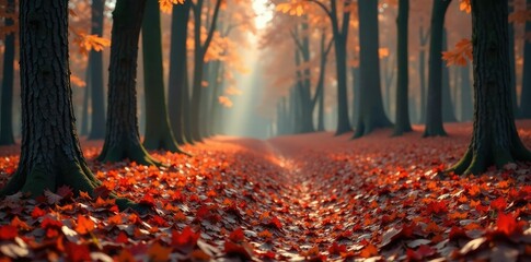 Forest landscape with bare tree trunks and red leaves scattered on the ground, earthy tones, bare tree, nature