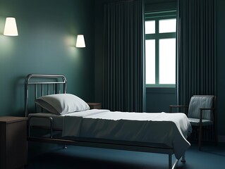 Obraz premium A minimalist hospital room featuring a bed, a chair, and a window, illuminated by soft lighting, creating a serene atmosphere.