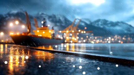 Fototapeta premium Bustling commercial shipping port illuminated at night with silhouetted cranes and digital cargo interfaces Bright port lights and reflections create a dynamic industrial landscape