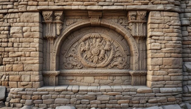 Fortress wall embrasure with intricate stone carvings, stonework, historic site