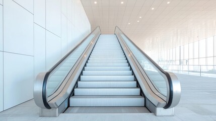 Modern escalator in a white interior,  empty, for transportation