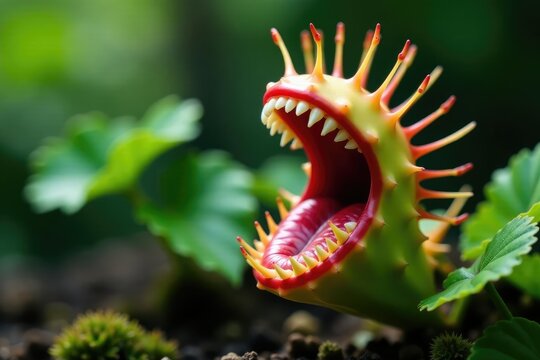 Carnivorous plant with snapping jaws open wide, foliage, nature, flowerless
