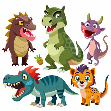 Set of cute happy dinosaurs, with the names of each, the inhabitants of the ancient world in a children's cartoon style isolated on transparent background