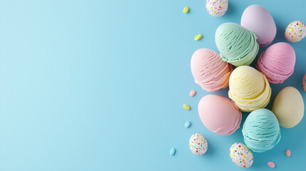 Easter Ice cream. Colorful Easter eggs arranged on a blue background with candy scattered around.