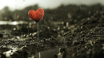Fototapeta premium A red poppy flower with a heart-shaped center and dew drops on its petals.