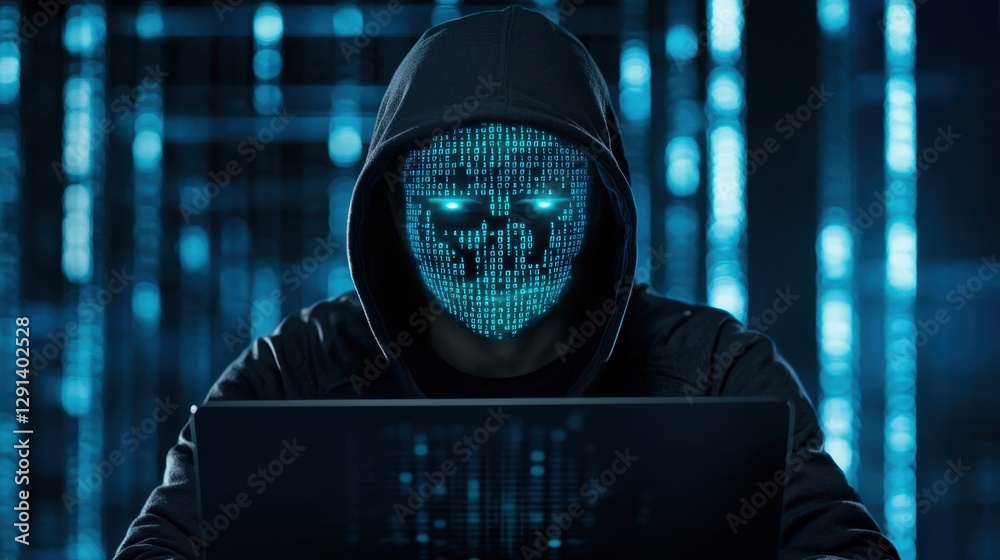Poster mysterious hacker with glowing digital mask using laptop in futuristic dark cyber environment illumi