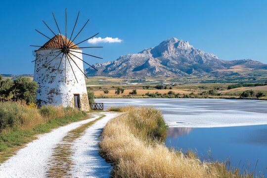 Traditional white windmill overlooking salt lake in tigaki kos greece