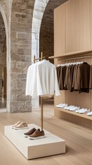 Chic clothing store interior showcases trendy womens wear, stylish shoes, and elegant displays in soft pastel colors