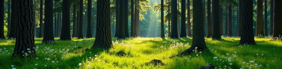 Obraz premium Dense forest of pine trees with wildflowers growing on trunks, steppe landscape, nature, tree life