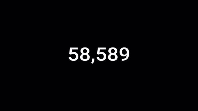 number counter animation 0 to 75,000 on a transparent background, seventy five thousand Animated counting Numbers from 0 to 75,000 with alpha channel for likes, views, amount concepts in 4k.