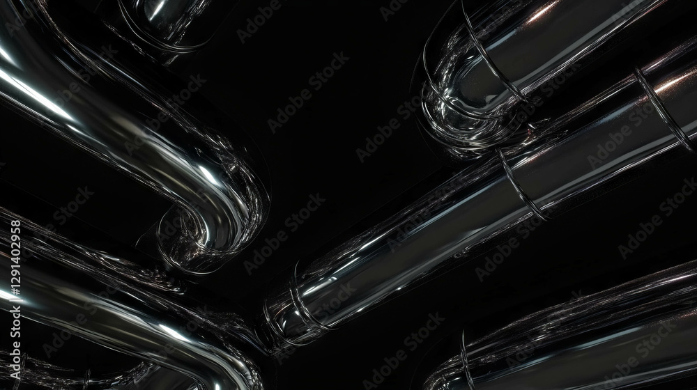 Poster shiny chrome pipes with smooth reflections on dark background