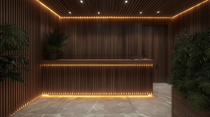 The modern reception area with wood paneling and plants