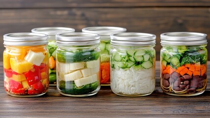 Healthy meal prep colorful veggie jars kitchen food photography rustic setting close-up nutrition tips