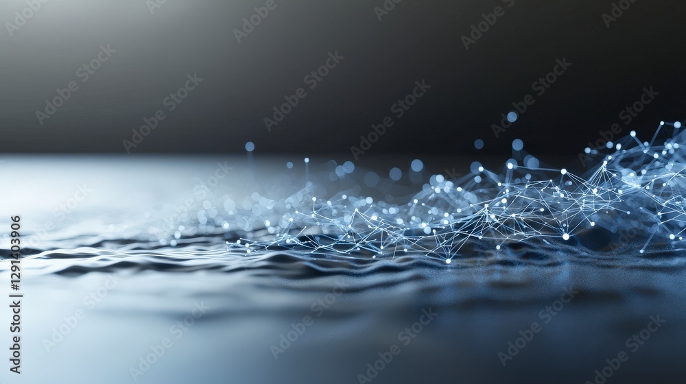 Poster abstract representation of fluid dynamics with digital particles and light effects on a dark backgro