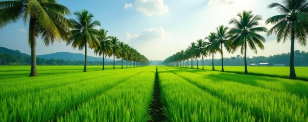 Dense rows of oil palm trees stretching towards the horizon, agriculture, trees, nature