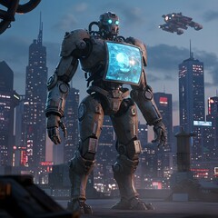 Naklejka premium Giant Battle Robot Standing Against a Futuristic City Skyline