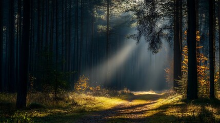 Fototapeta premium Sunlight streaming into forest through trees during the daytime