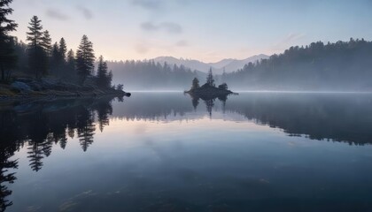 Fototapeta premium Gentle blue reflections on a lake's surface at dawn, reflections, peaceful, blue