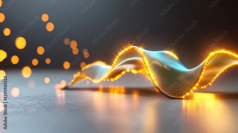 Poster abstract flow of light waves with vibrant glow and floating bokeh elements creating a dynamic visual