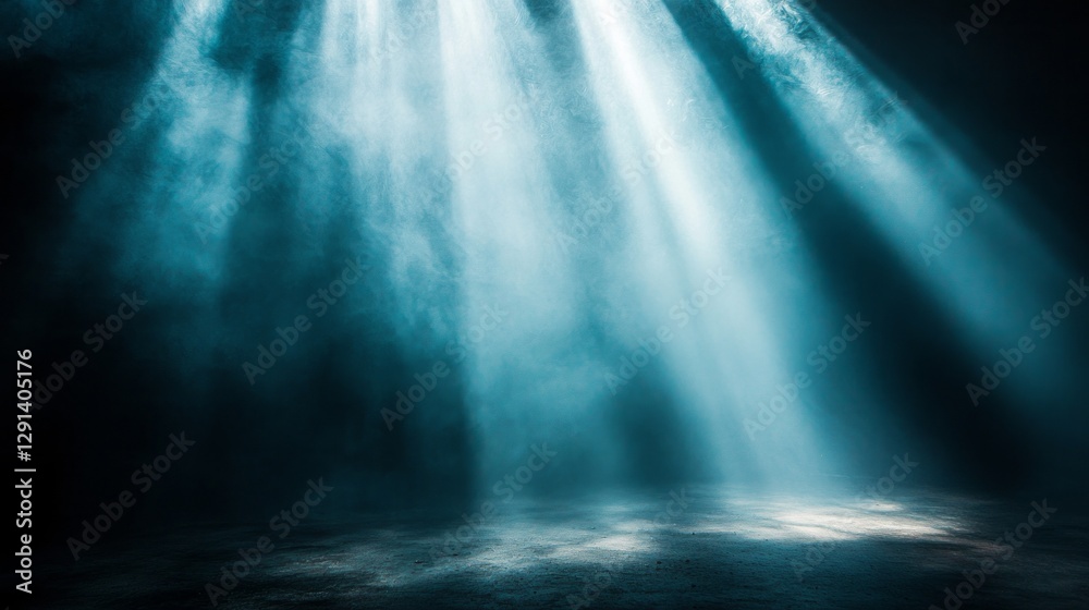 Poster Radiant beams of light cut through the enveloping darkness, creating a captivating display in a serene space. This moment evokes a sense of wonder and tranquility