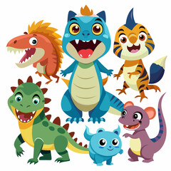 Naklejka premium Cartoon dinosaurs collection set. set of adorable cartoon-style dinosaur illustrations featuring various species, Velociraptor, Triceratops, Stegosaurus Vector illustration