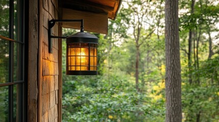 A lit outdoor lantern hanging on a wooden exterior wall