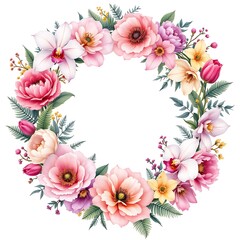 Elegant Watercolor Flower Wreath Blossoms in Soft Pastel Hues for Charming Floral Decoration