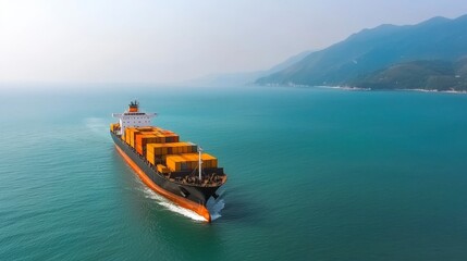 Cargo Ship Navigating Calm Waters Near Mountainous Coastline in Bright Daylight