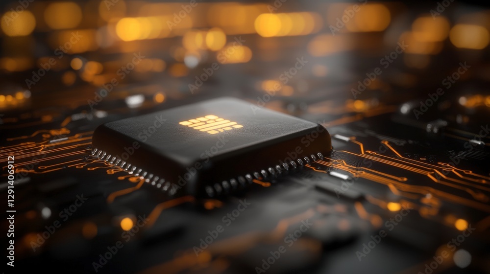 Poster close-up shot of a modern microchip on a circuit board with glowing patterns and high-tech component