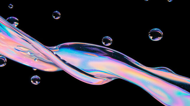 Iridescent fluid art with soap and oil droplets on black background
