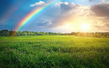 Naklejka premium A bright rainbow appearing over a lush green field