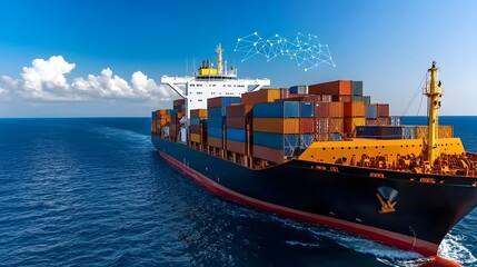 Fototapeta premium High Tech Maritime Logistics Scene with a Docked Cargo Ship Surrounded by Interconnected Data Nodes Floating Above Tracking and Monitoring Global Shipping and Supply Chain Logistics