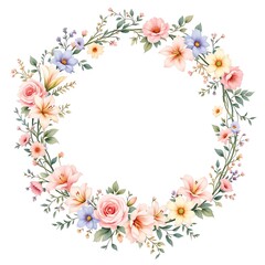 Obraz premium Floral Watercolor Wreath Pink Blue and Yellow Botanical Decoration Illustration for Invitation Design