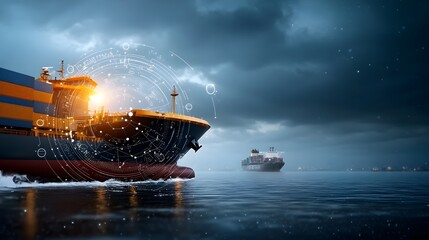 Fototapeta premium Illuminated cargo port at night with stacked shipping containers a giant vessel moored