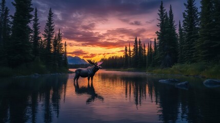 A Majestic Moose Standing Calmly Within the Calm Evening Waters