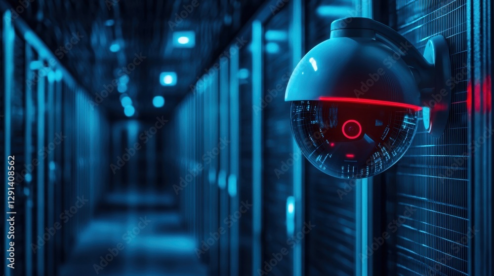 Poster high-tech surveillance camera in data center with glowing red light and dark corridor creating a fut