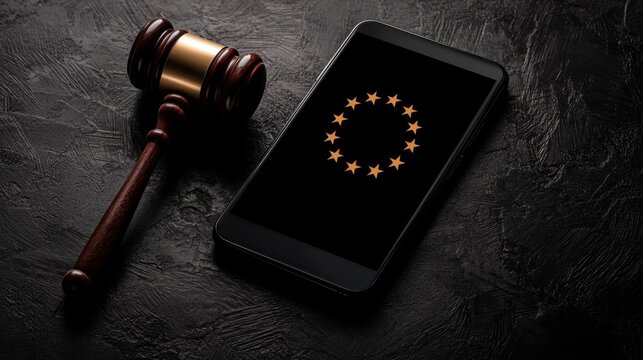 Gavel and Smartphone Displaying European Union Stars on Dark Background, Symbolizing Law, Justice, Technology and Digital Governance in Europe