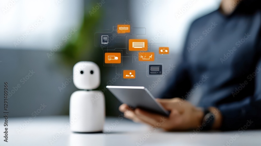 Poster human and robot interaction with digital interface illustrating technology and communication concept