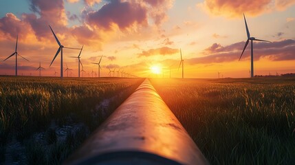 Scenic countryside landscape with a hydrogen pipeline network and wind turbines symbolizing the transition to clean renewable energy sources and a sustainable future  The image depicts a peaceful