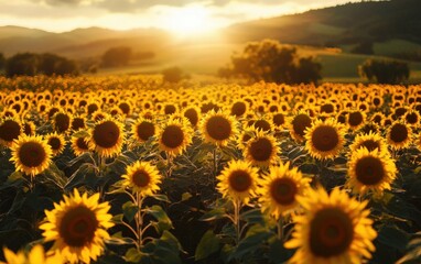 Fototapeta premium Endless sunflower fields bathed in warm golden sunlight